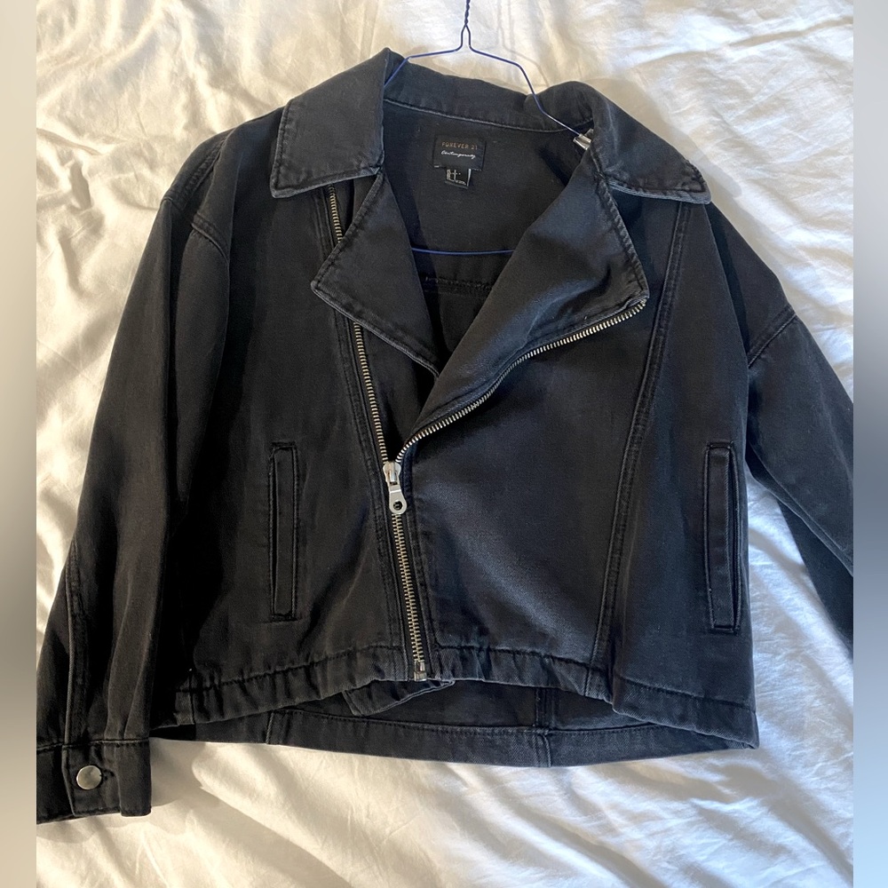 Black Asymmetrical Denim Zip-Up Jacket